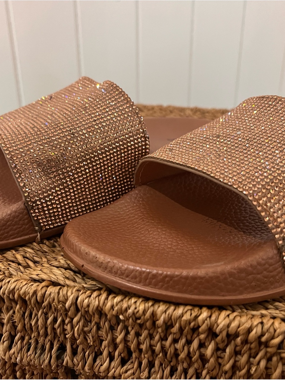 Call It Spring Rose Gold Rhinestone Slide Sandals - Picture 4 of 10